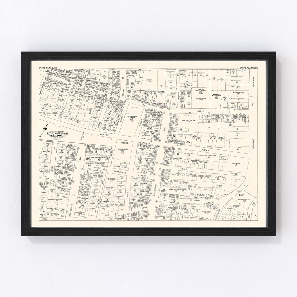 Vintage Map of White Plain, NY Business Section 1947
