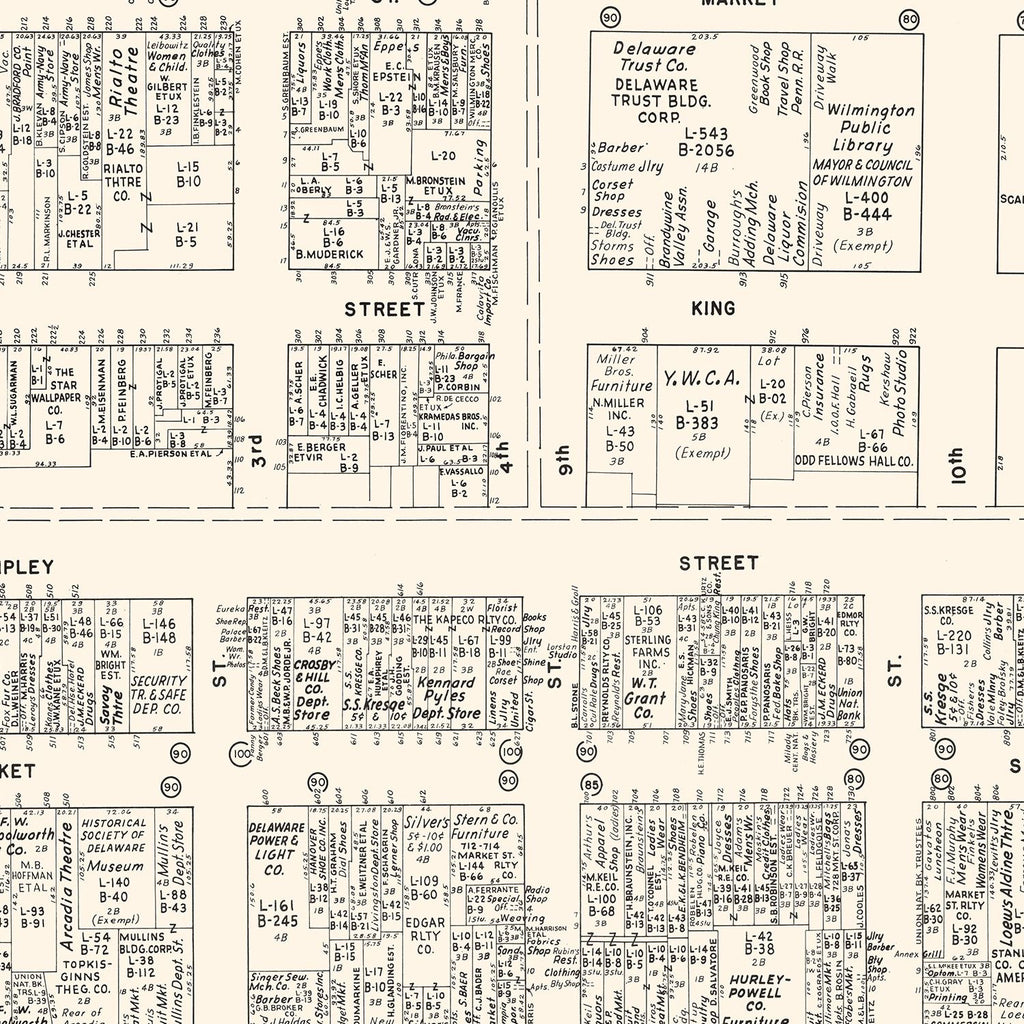 Vintage Map of Wilmington, DE Business Section 1947