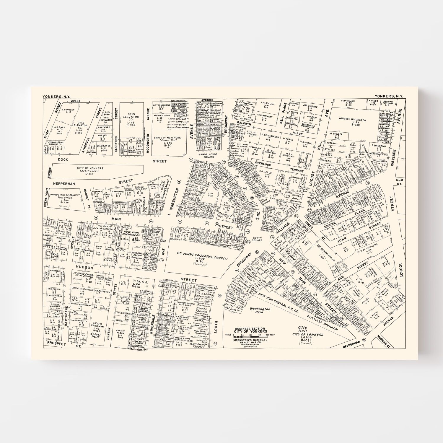 Vintage Map of Yonkers, NY Business Section 1947