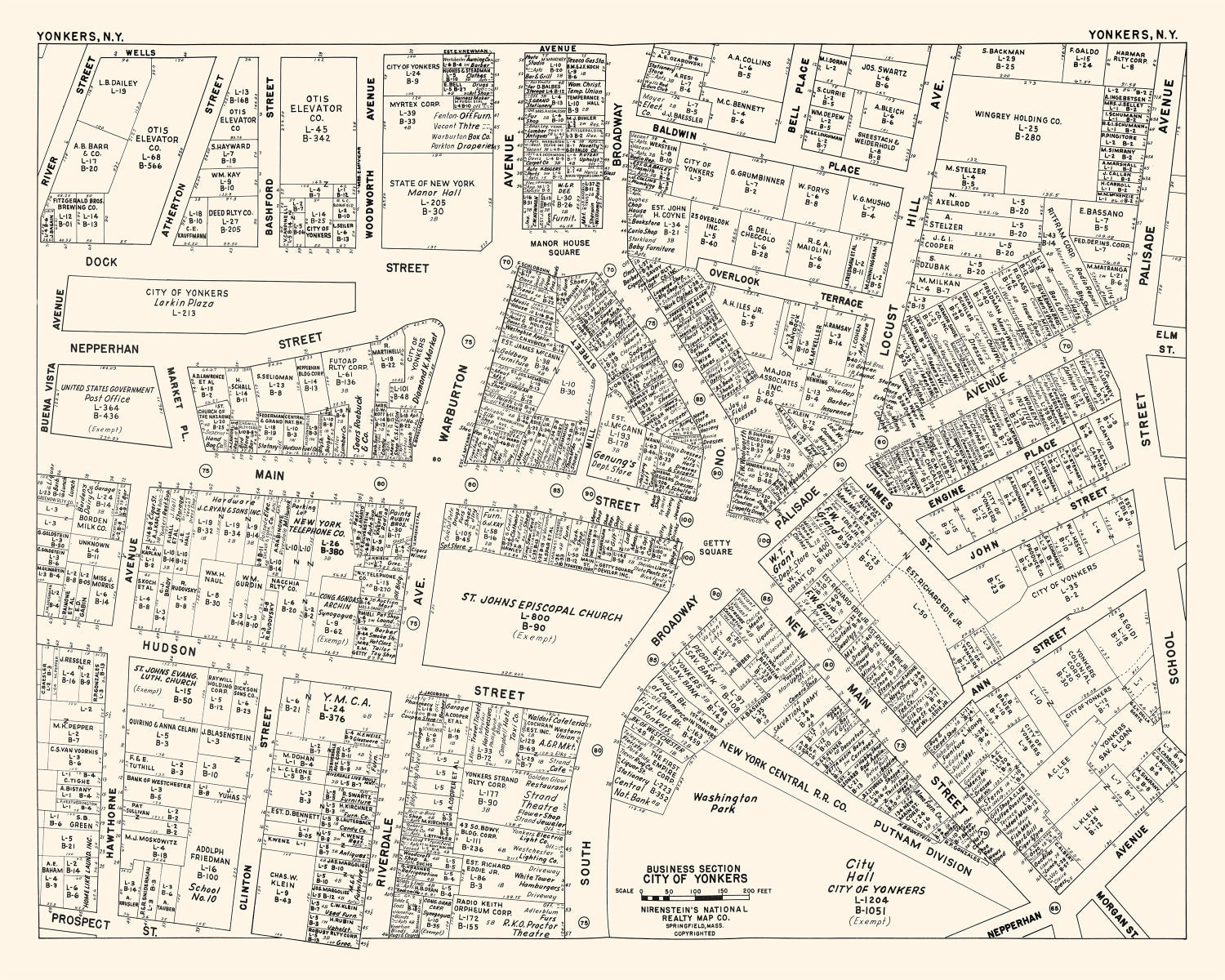 Vintage Map of Yonkers, NY Business Section 1947