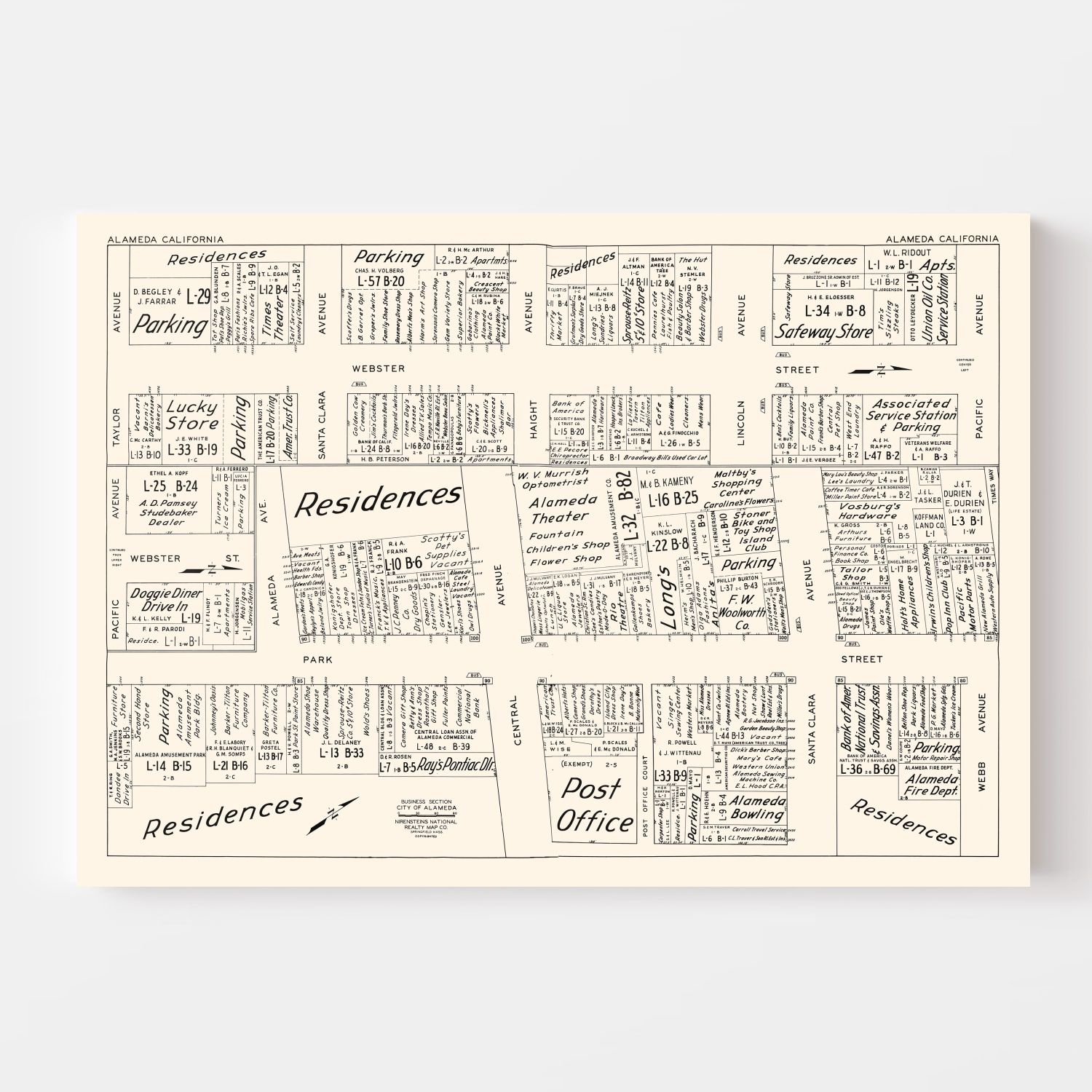 Vintage Map of Alameda, CA Business Section 1952