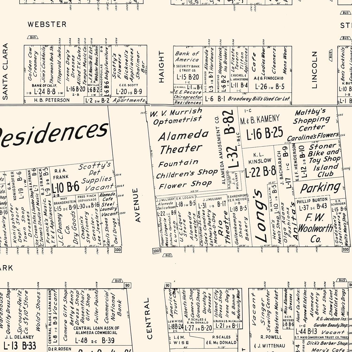 Vintage Map of Alameda, CA Business Section 1952