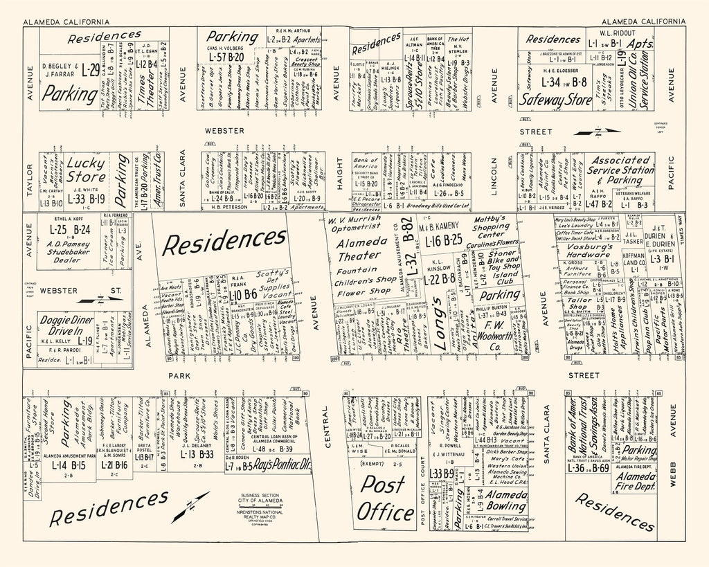 Vintage Map of Alameda, CA Business Section 1952