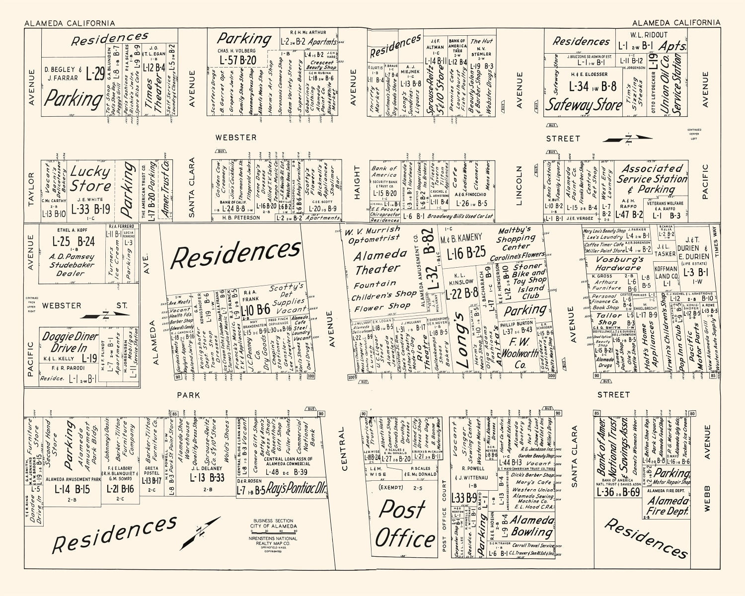 Vintage Map of Alameda, CA Business Section 1952