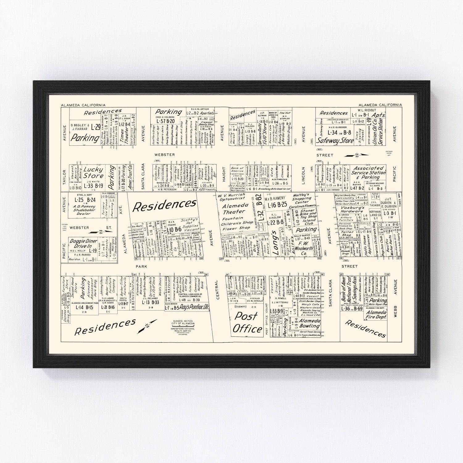 Vintage Map of Alameda, CA Business Section 1952