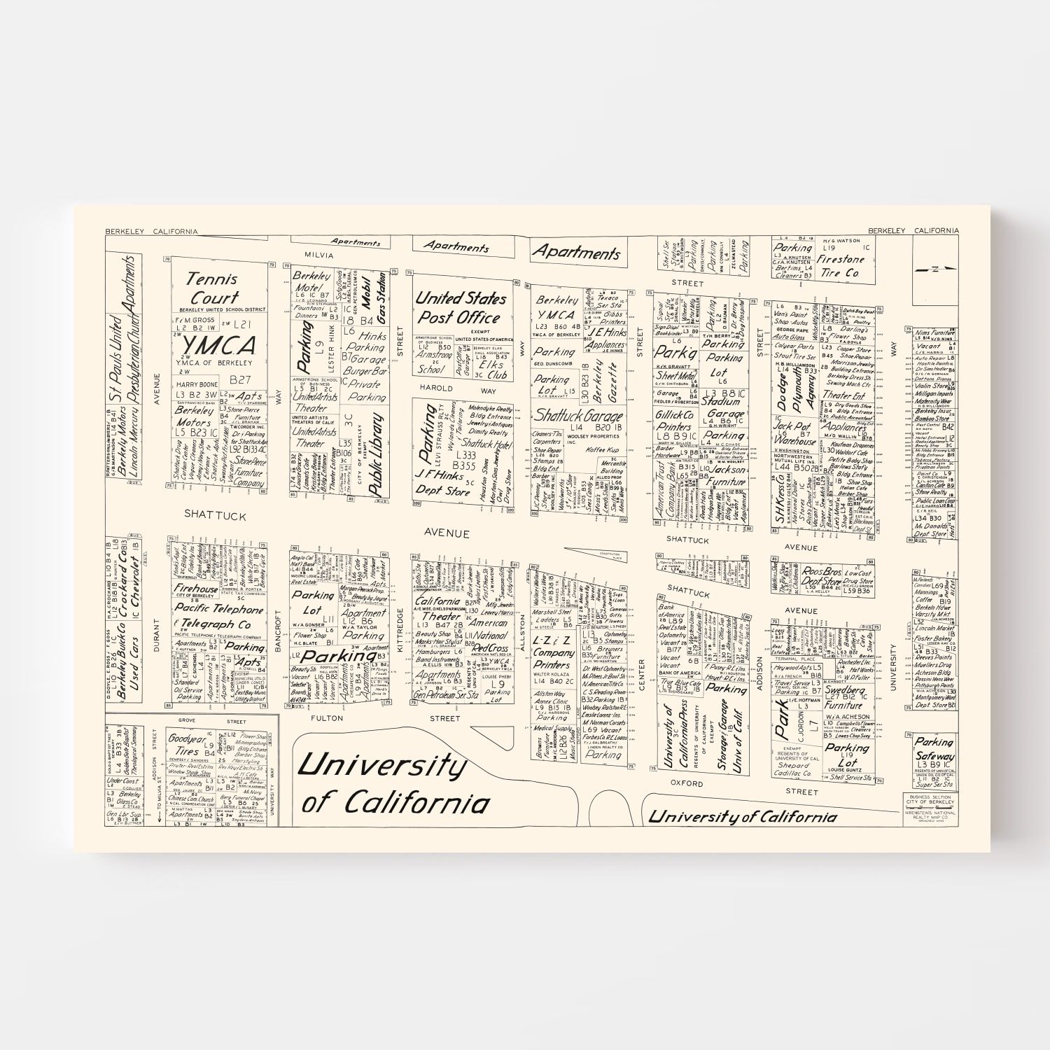 Vintage Map of Berkeley, CA Business Section 1952