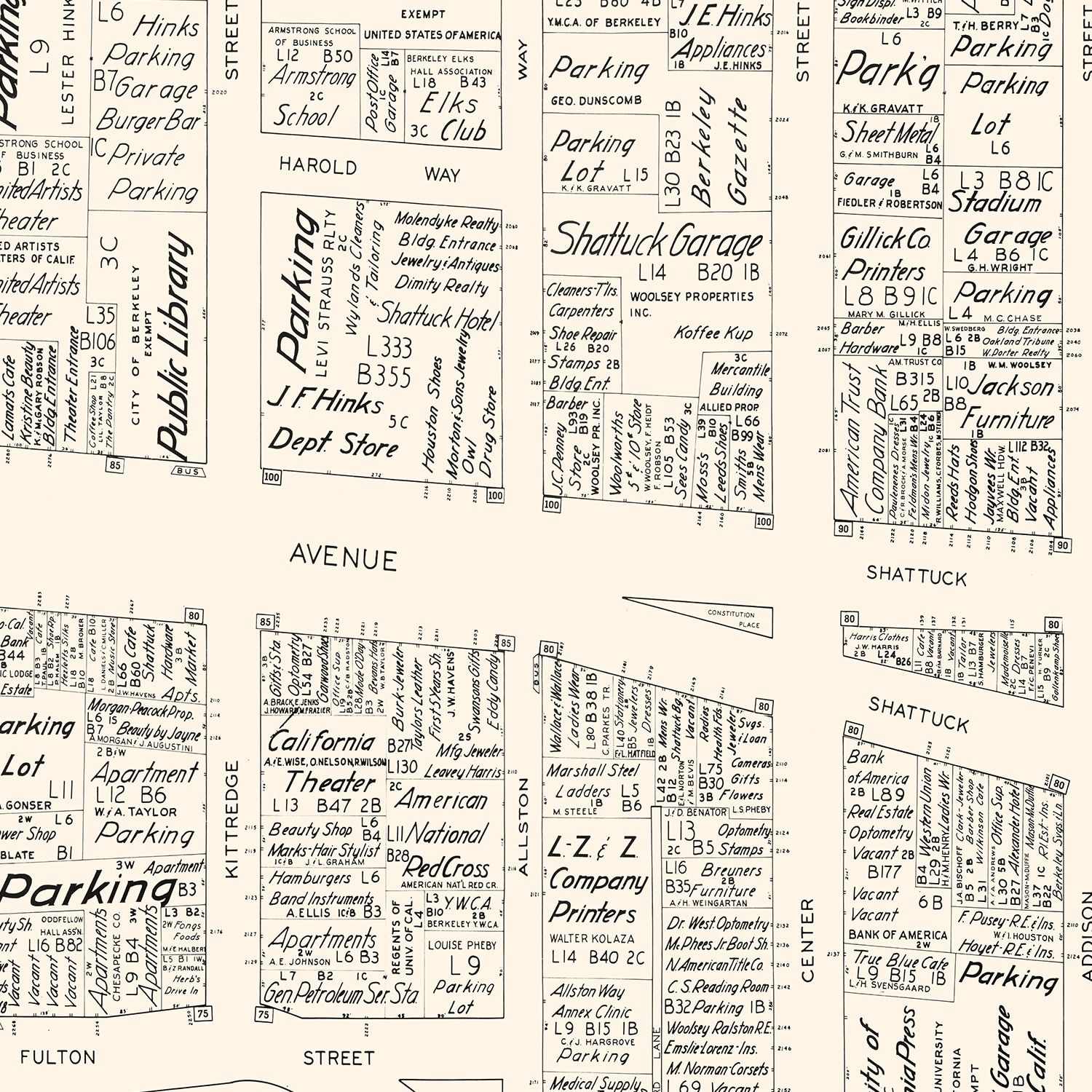 Vintage Map of Berkeley, CA Business Section 1952
