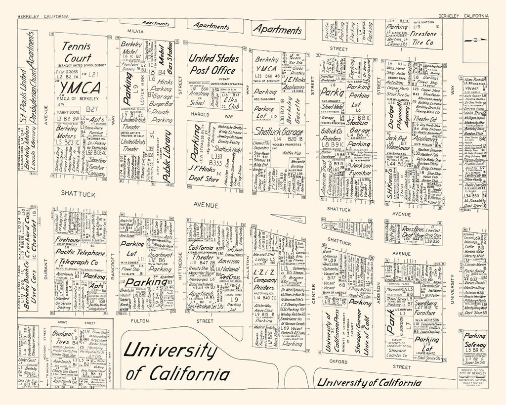 Vintage Map of Berkeley, CA Business Section 1952