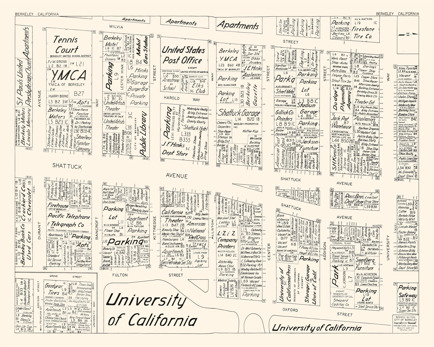 Vintage Map of Berkeley, CA Business Section 1952