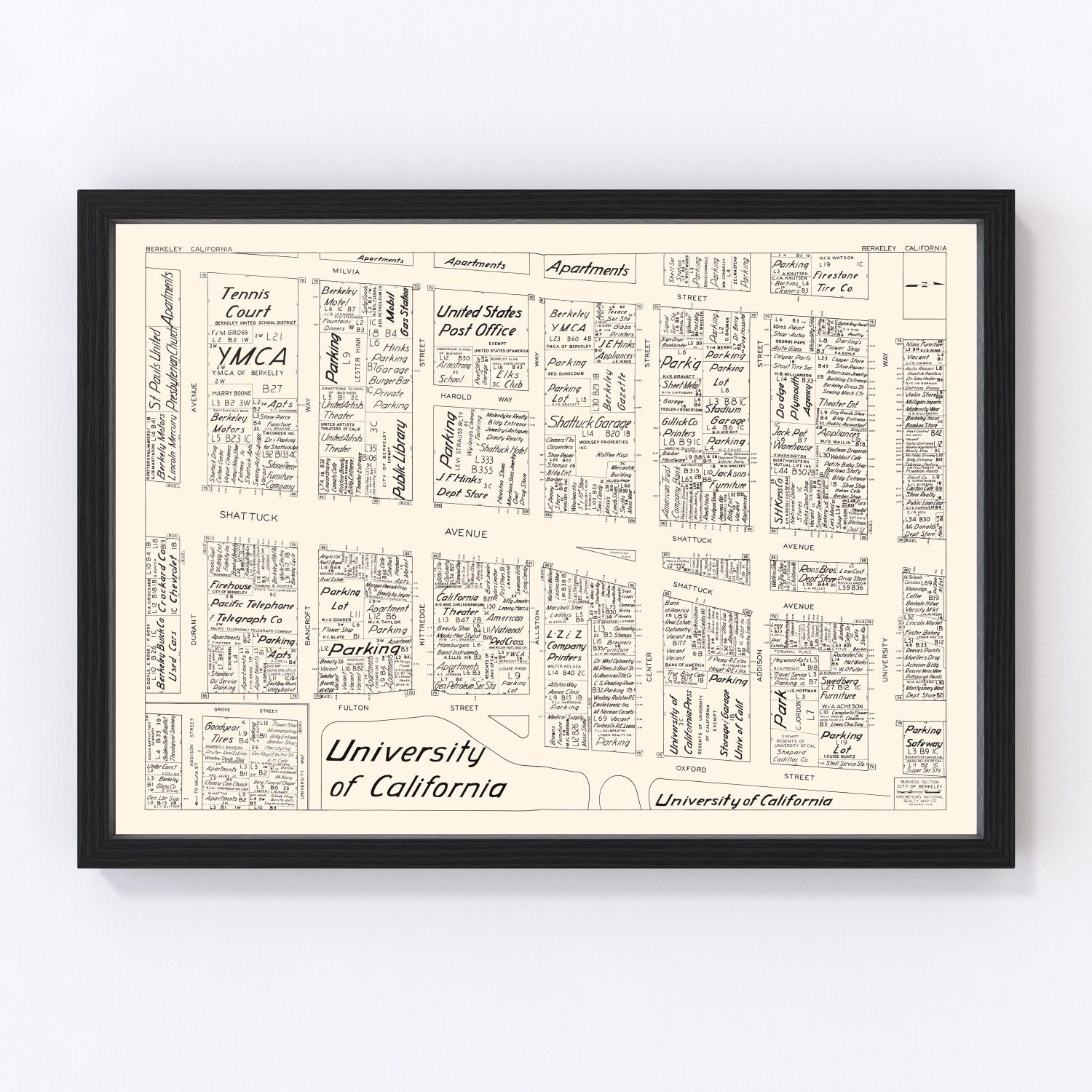 Vintage Map of Berkeley, CA Business Section 1952