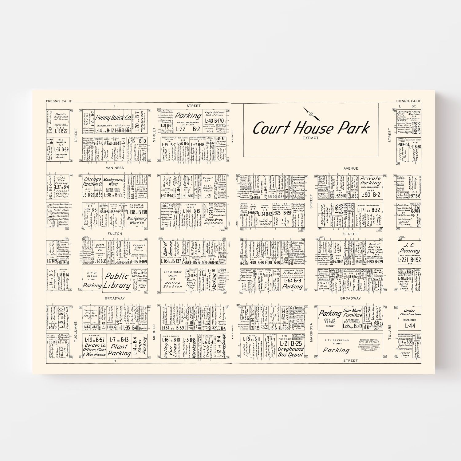 Vintage Map of Fresno, CA Business Section 1952