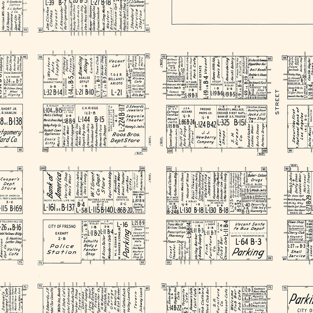 Vintage Map of Fresno, CA Business Section 1952