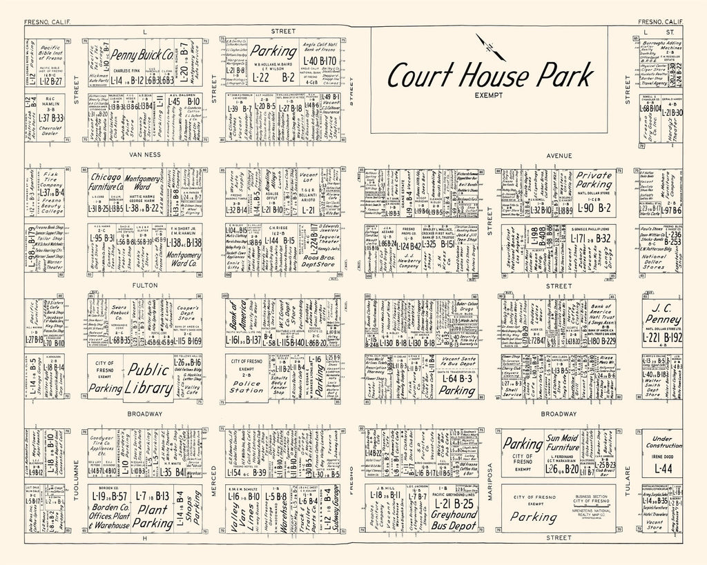 Vintage Map of Fresno, CA Business Section 1952