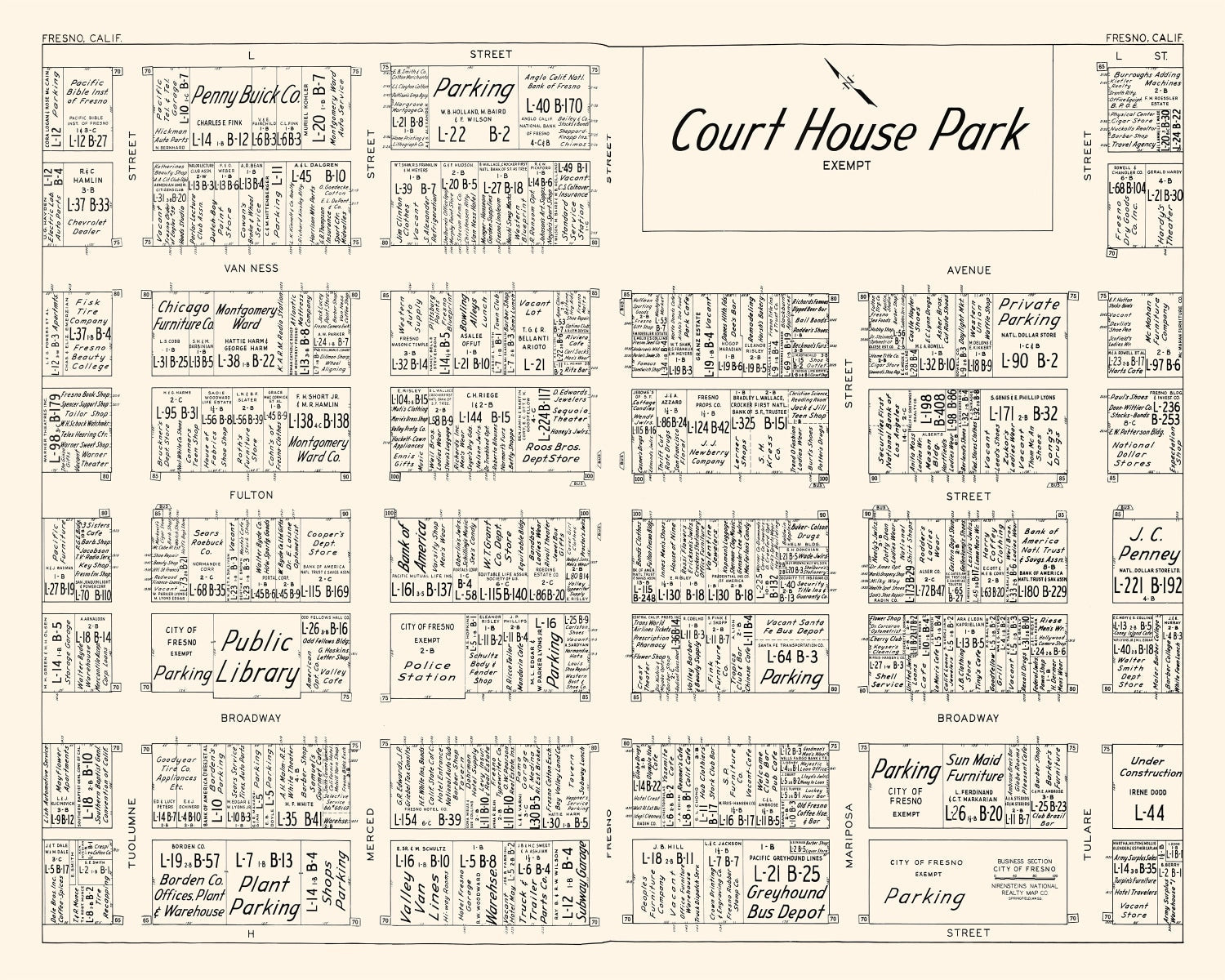 Vintage Map of Fresno, CA Business Section 1952