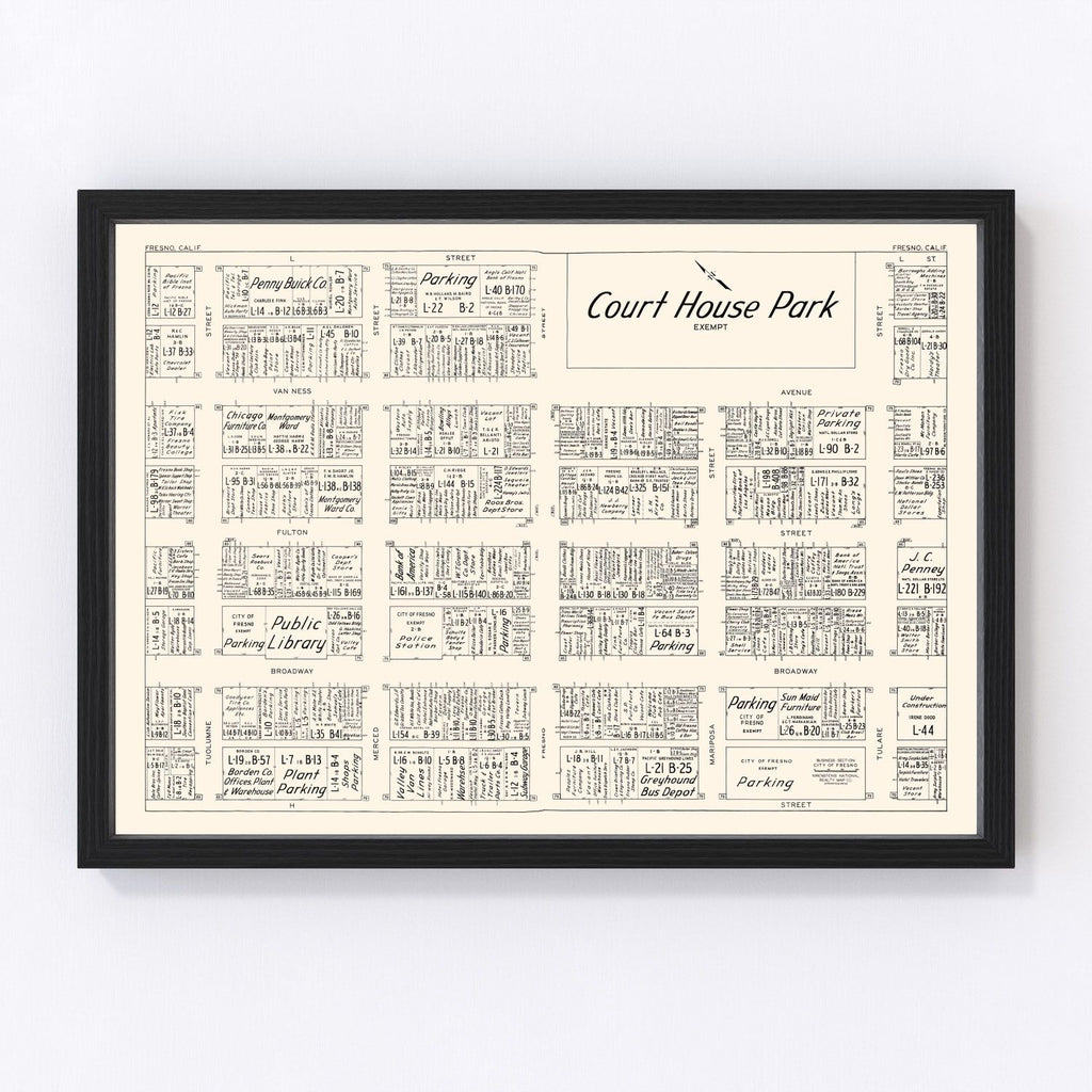 Vintage Map of Fresno, CA Business Section 1952