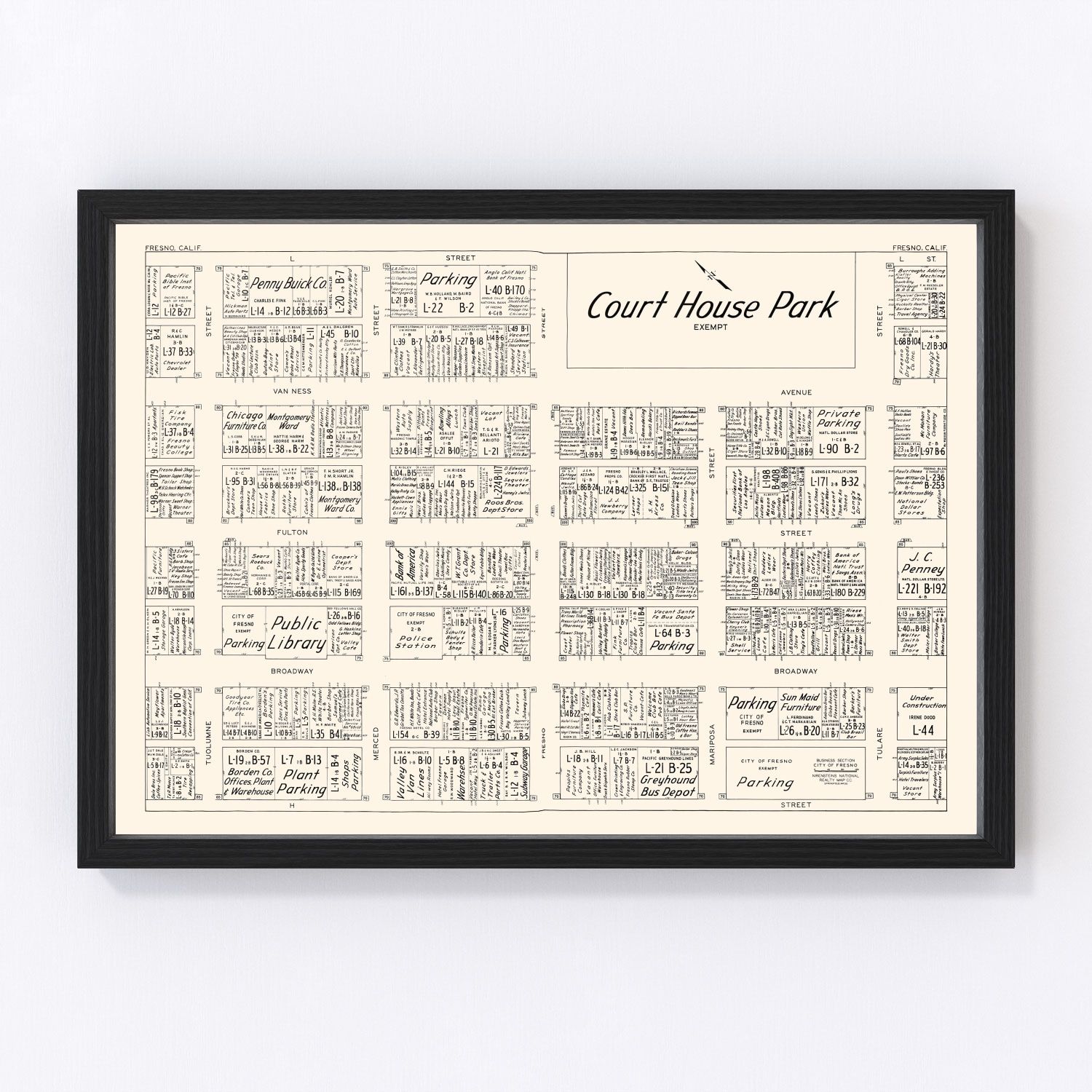 Vintage Map of Fresno, CA Business Section 1952