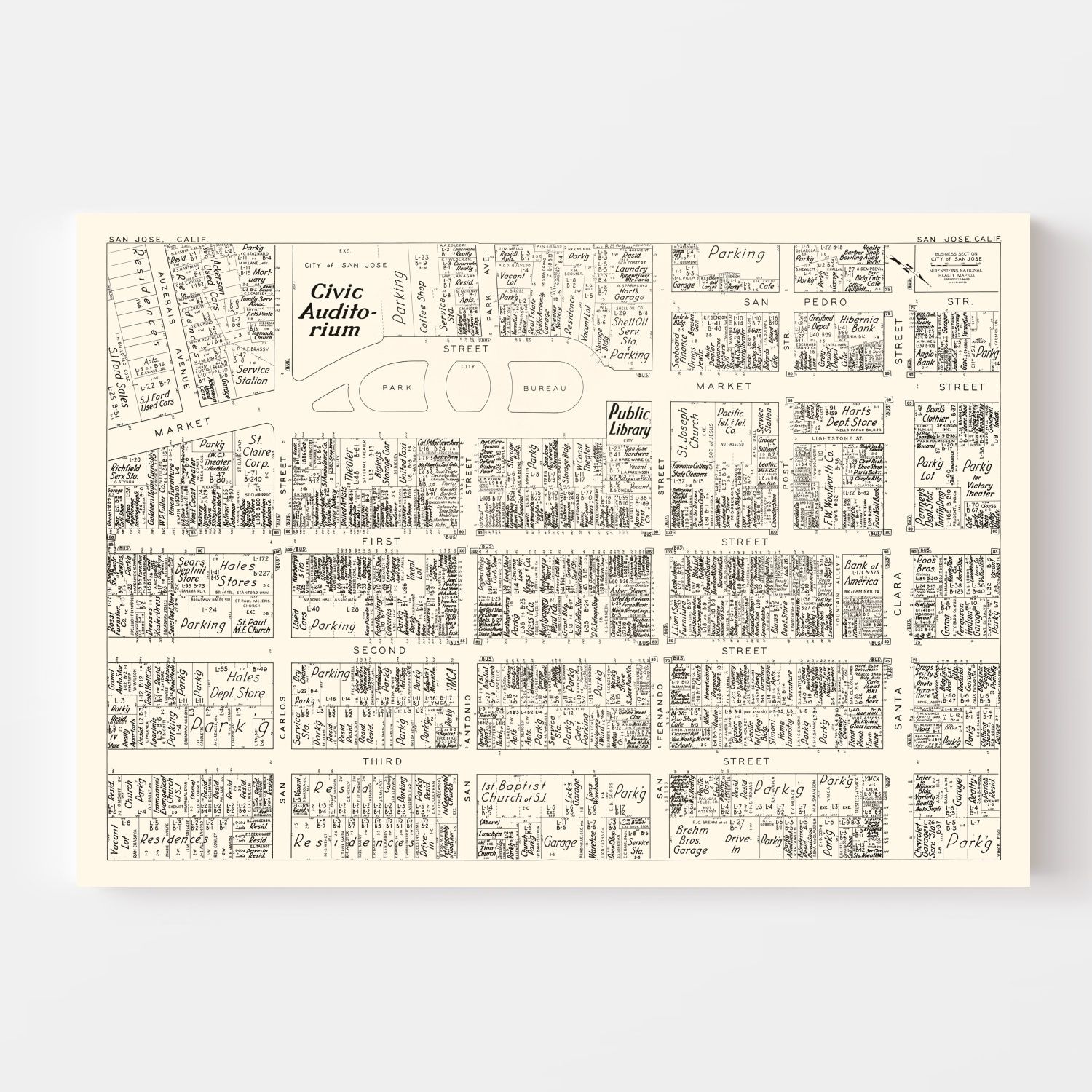 Vintage Map of San Jose, CA Business Section 1952