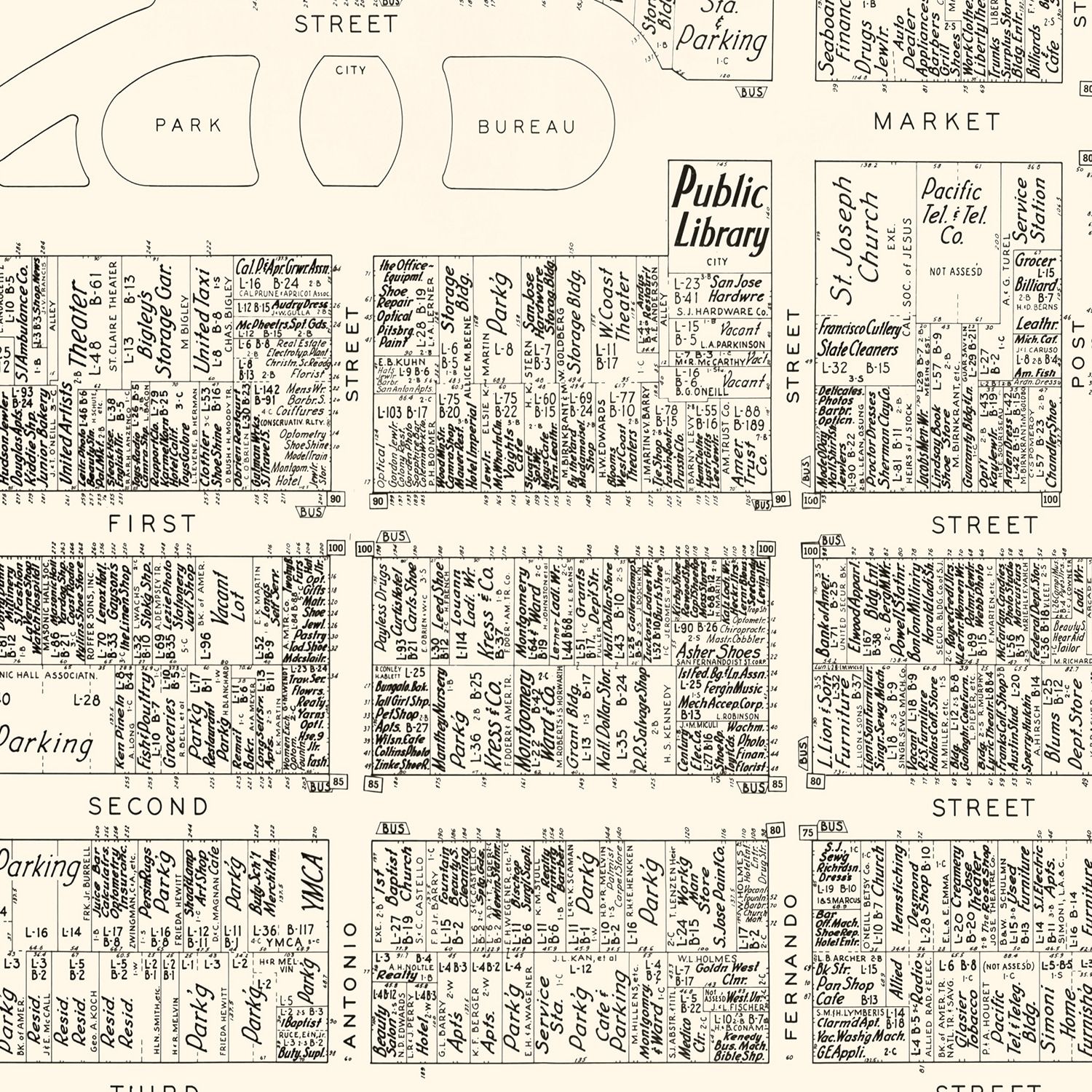 Vintage Map of San Jose, CA Business Section 1952