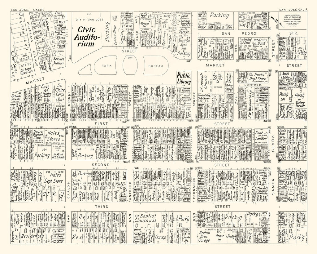Vintage Map of San Jose, CA Business Section 1952