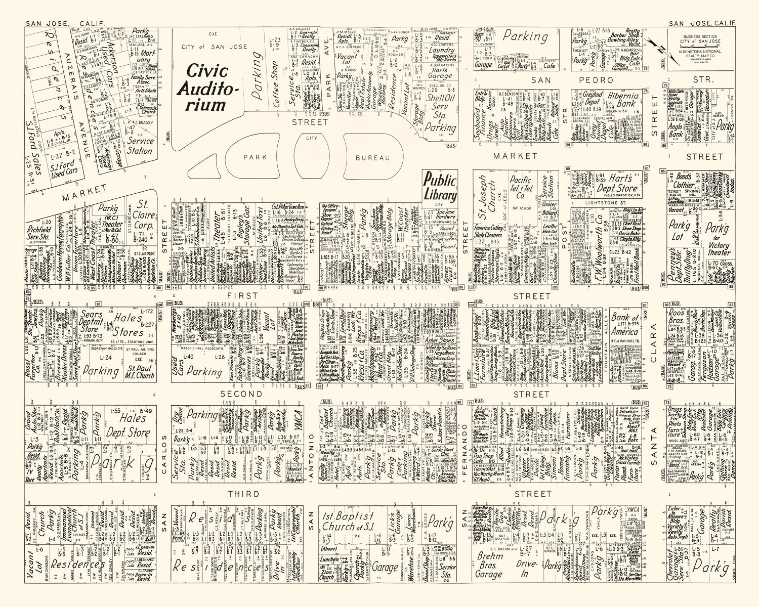 Vintage Map of San Jose, CA Business Section 1952