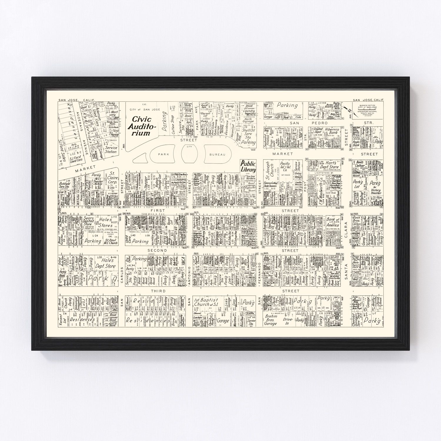 Vintage Map of San Jose, CA Business Section 1952