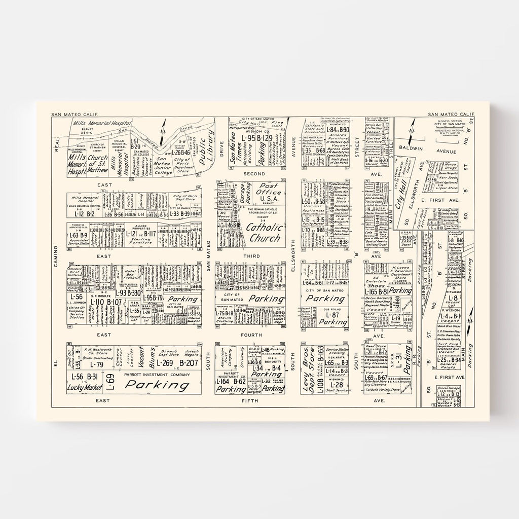 Vintage Map of San Mateo, CA Business Section 1952
