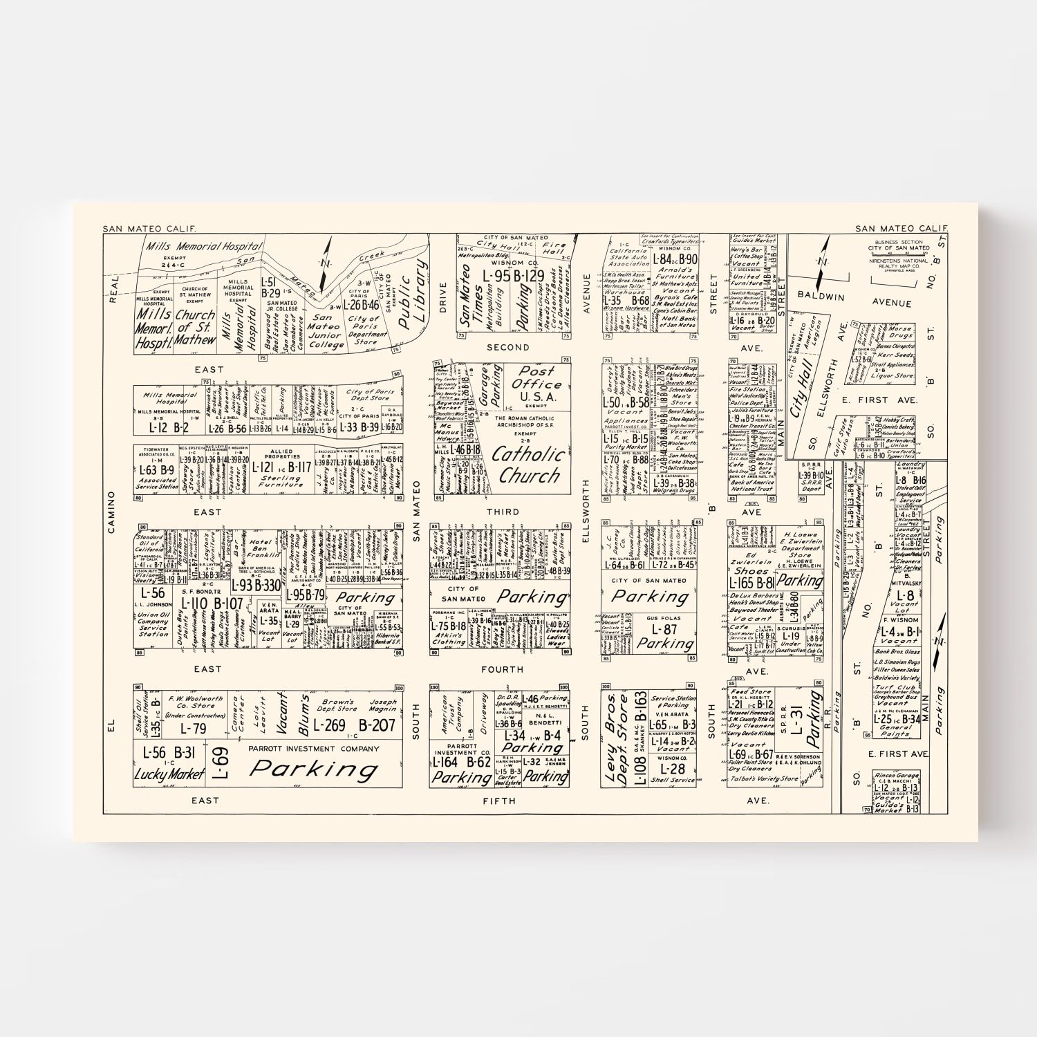 Vintage Map of San Mateo, CA Business Section 1952