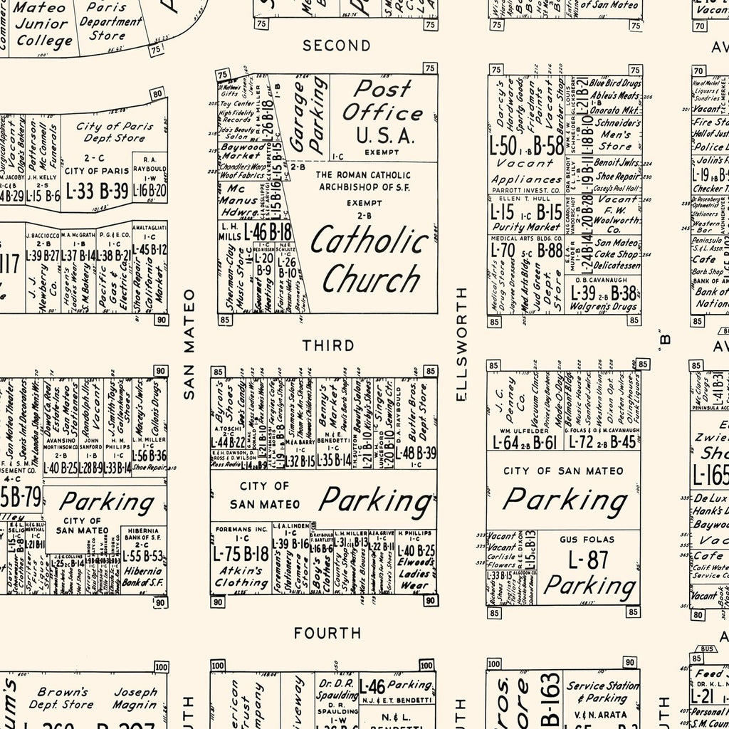 Vintage Map of San Mateo, CA Business Section 1952