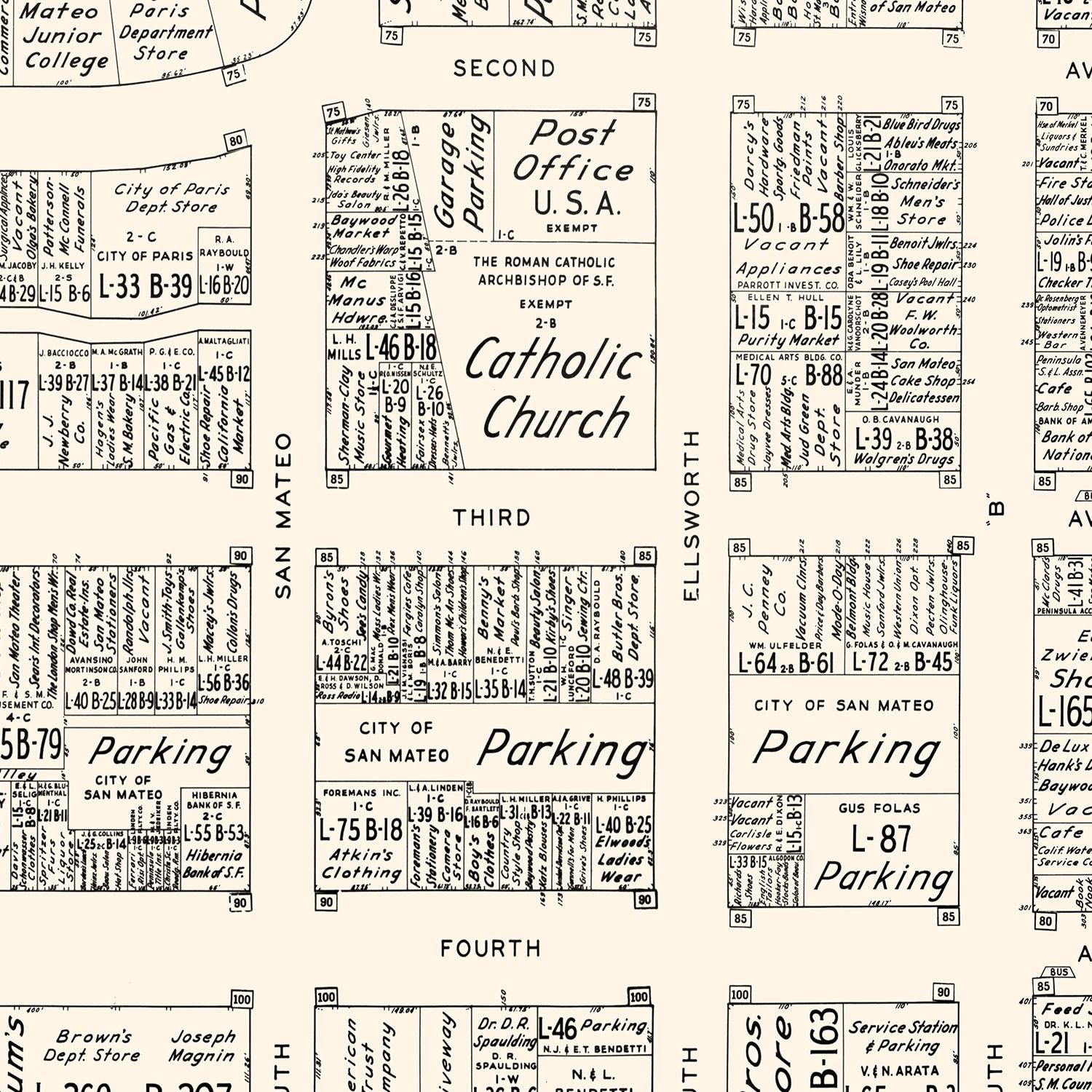 Vintage Map of San Mateo, CA Business Section 1952