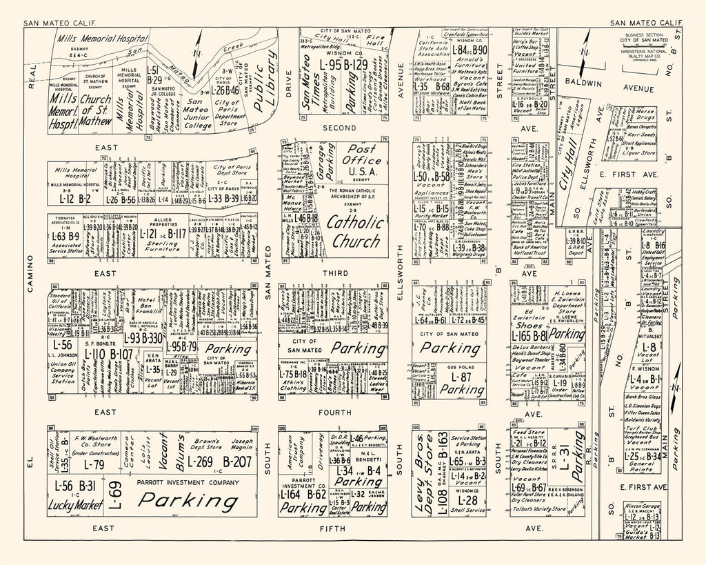 Vintage Map of San Mateo, CA Business Section 1952