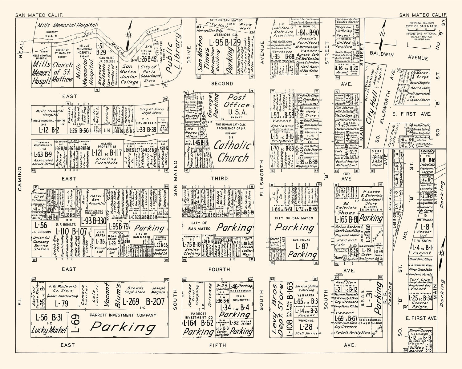 Vintage Map of San Mateo, CA Business Section 1952