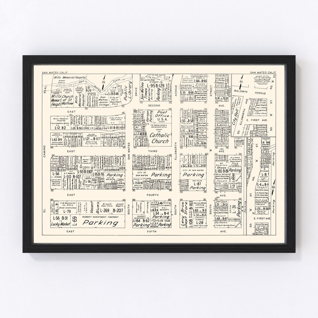 Vintage Map of San Mateo, CA Business Section 1952
