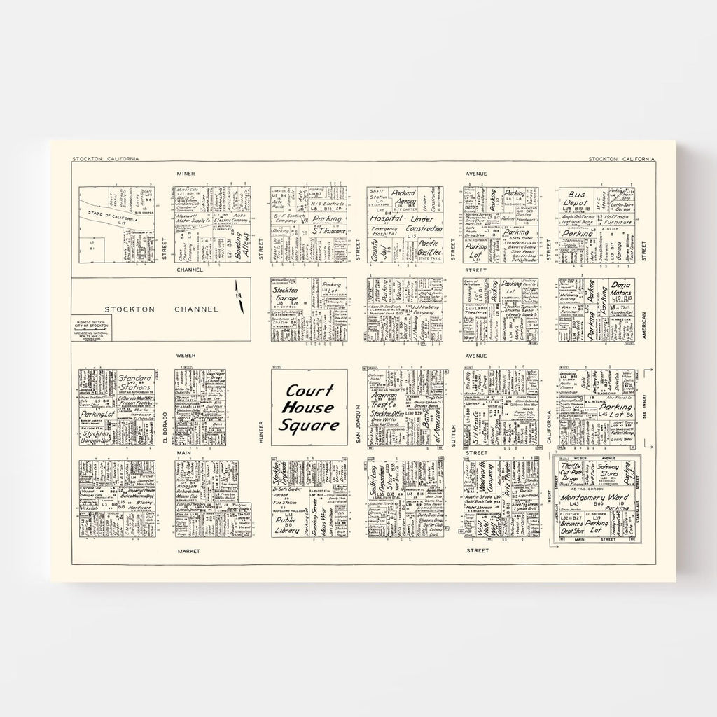 Vintage Map of Stockton, CA Business Section 1952