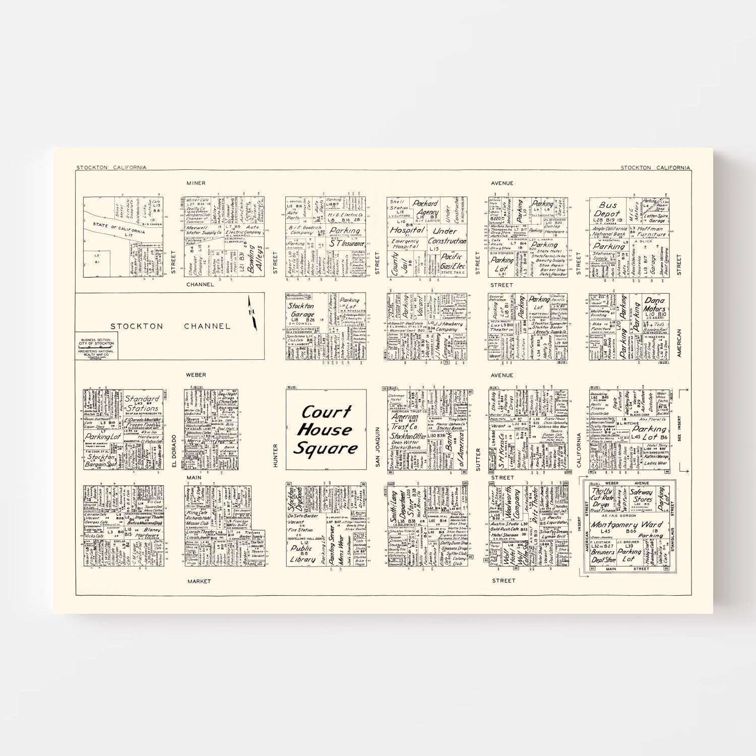 Vintage Map of Stockton, CA Business Section 1952