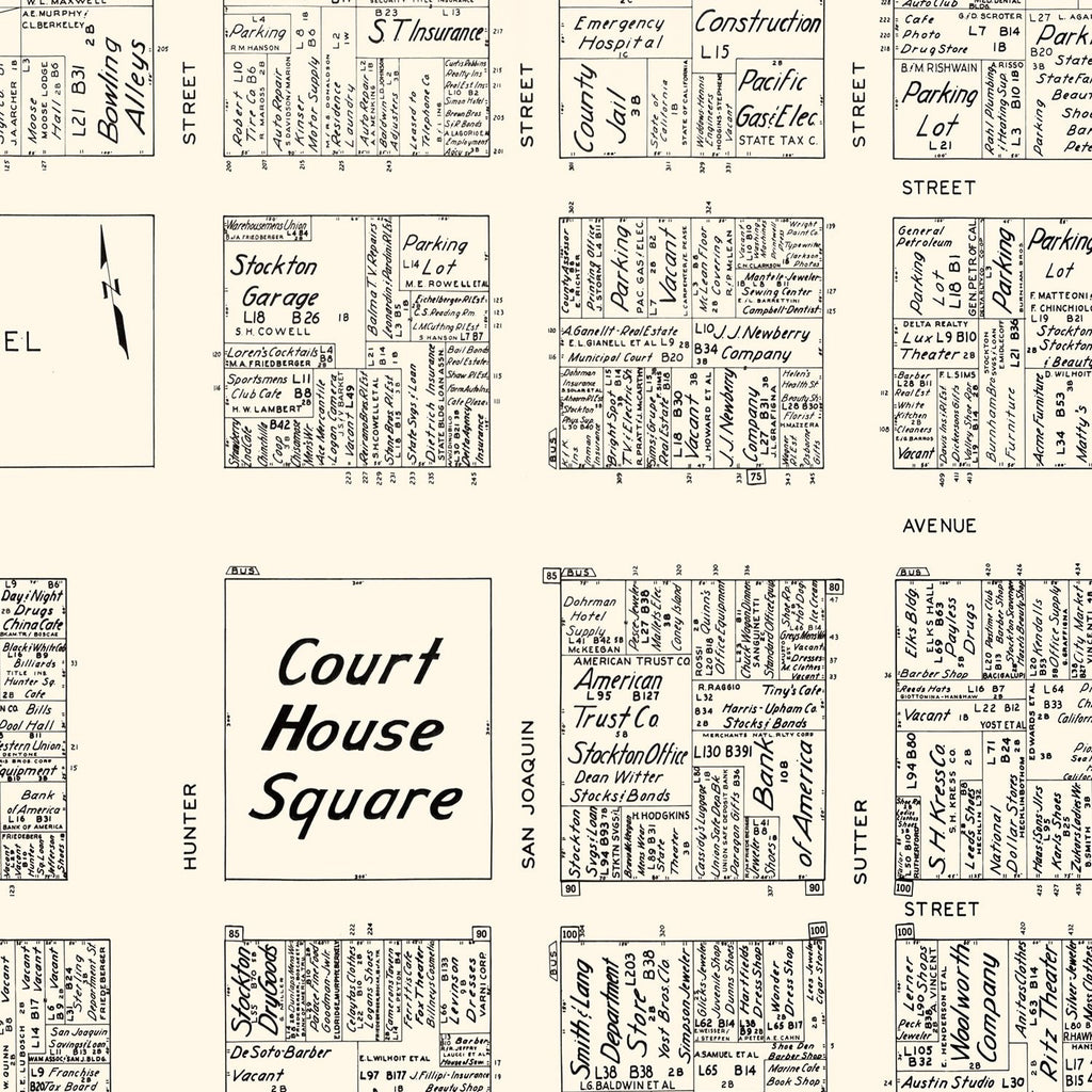Vintage Map of Stockton, CA Business Section 1952