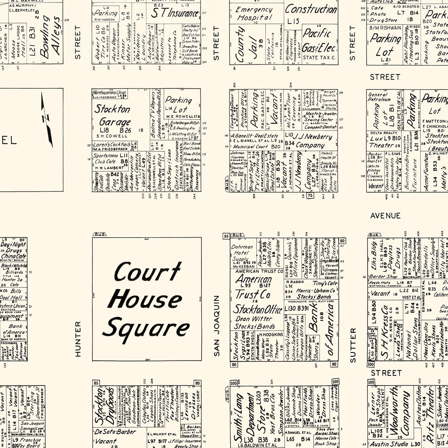 Vintage Map of Stockton, CA Business Section 1952