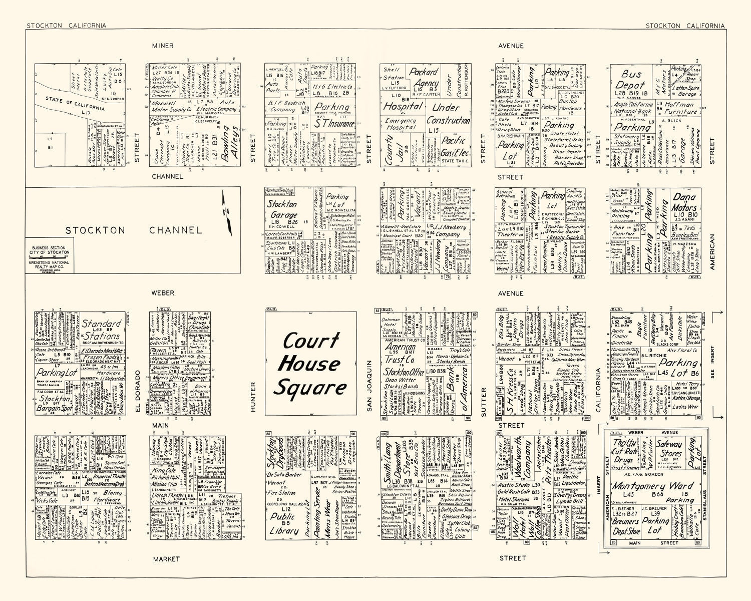 Vintage Map of Stockton, CA Business Section 1952