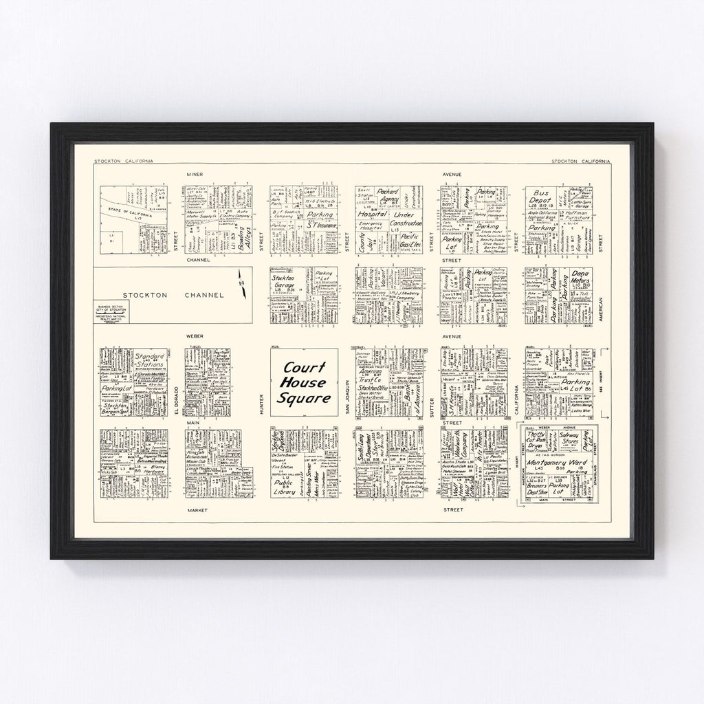 Vintage Map of Stockton, CA Business Section 1952