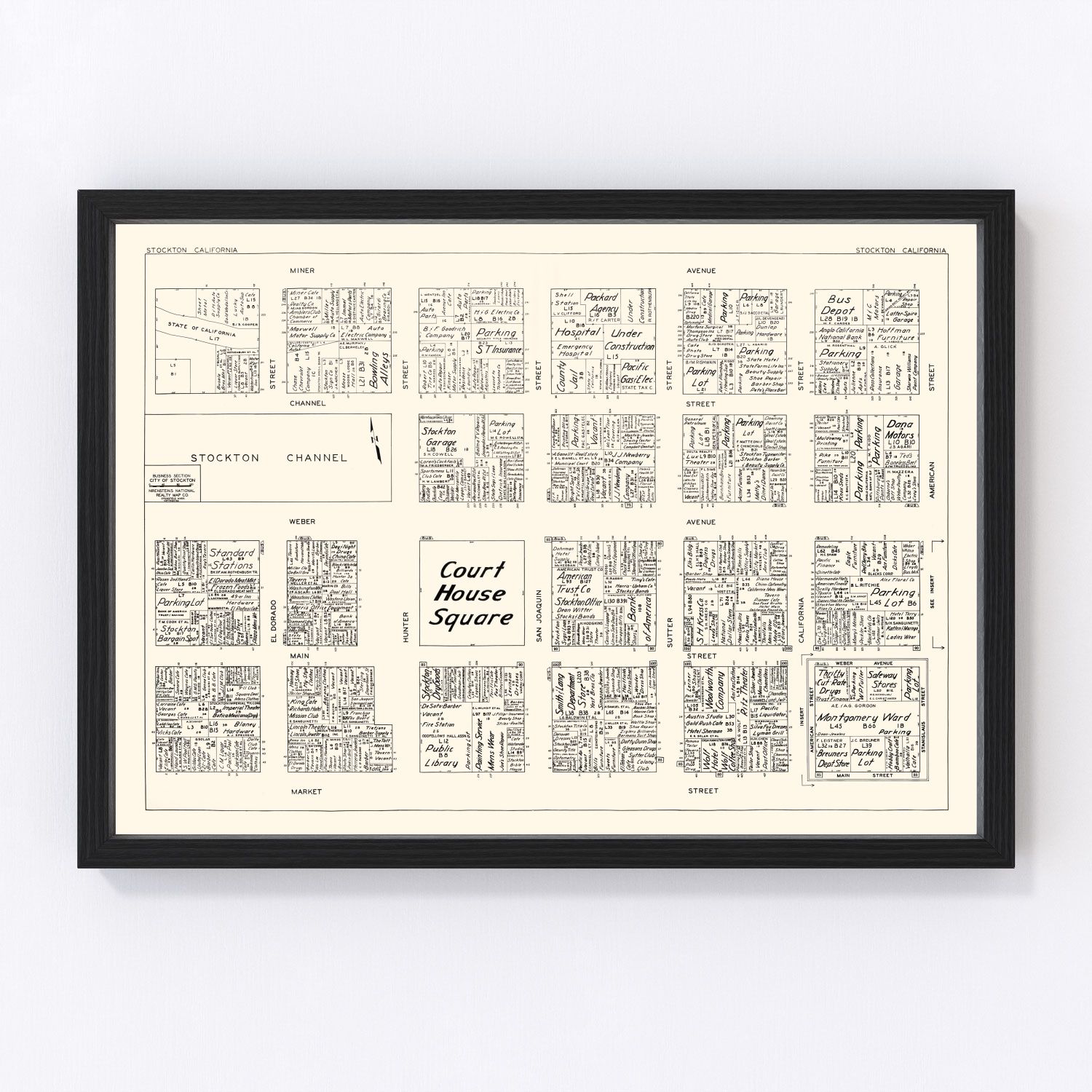 Vintage Map of Stockton, CA Business Section 1952