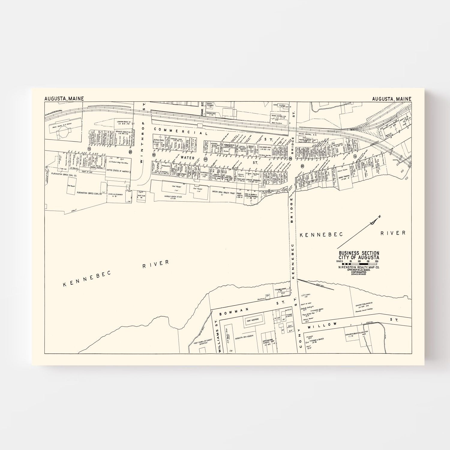 Vintage Map of Augusta, ME Business Section 1946