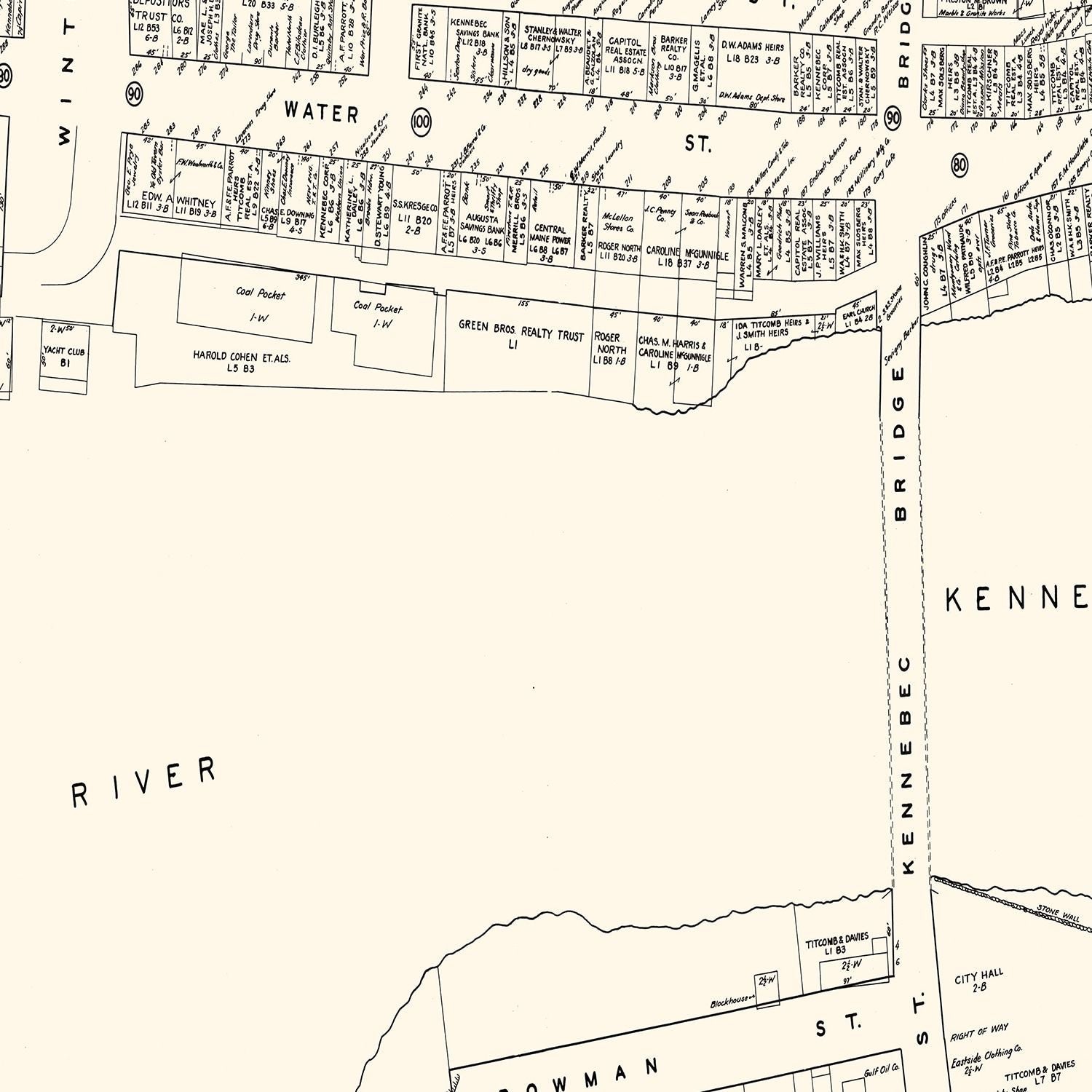 Vintage Map of Augusta, ME Business Section 1946