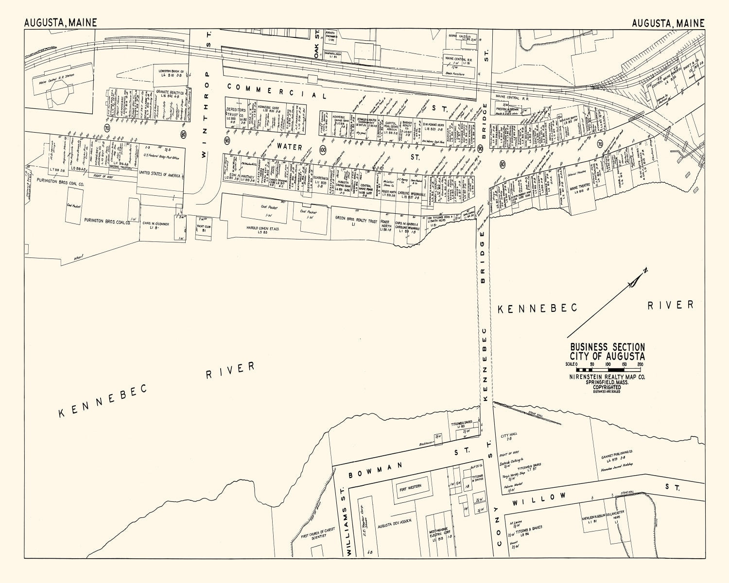 Vintage Map of Augusta, ME Business Section 1946