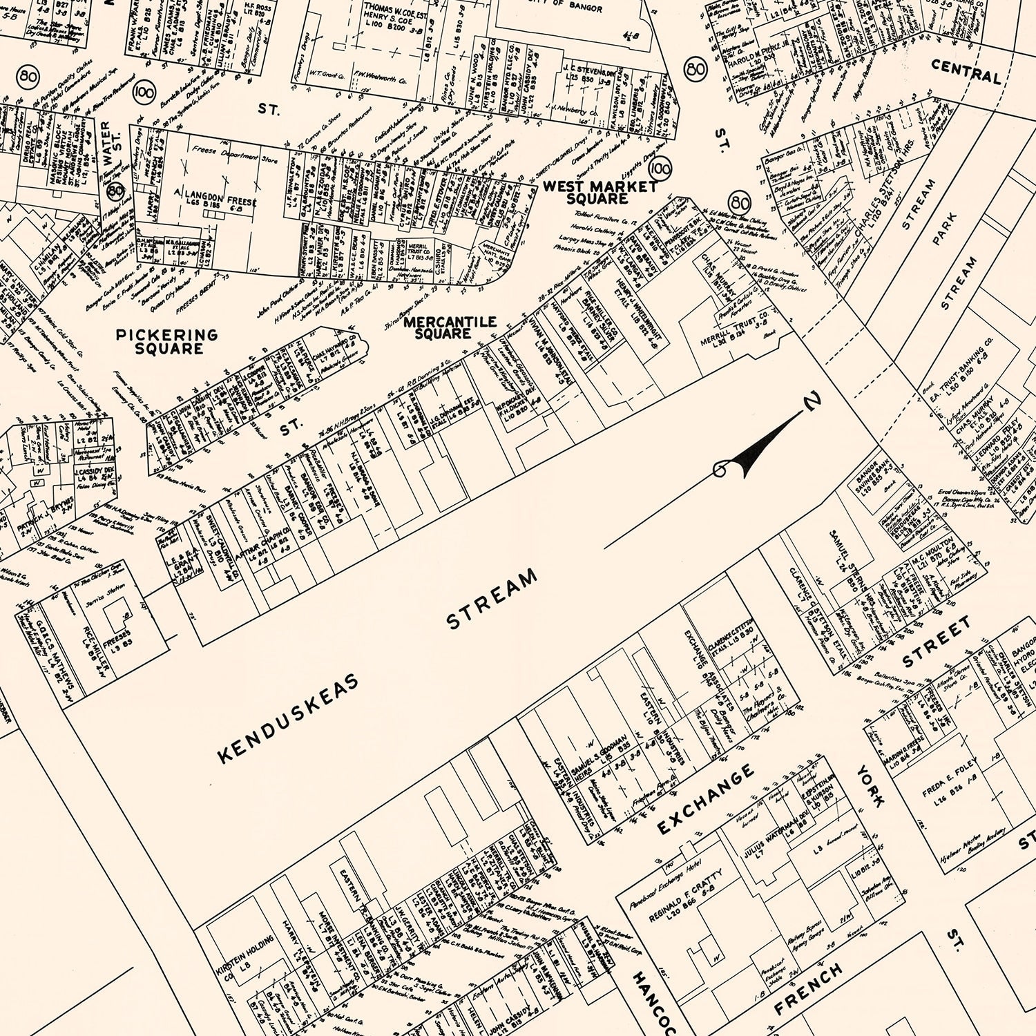 Vintage Map of Bangor, ME Business Section 1946