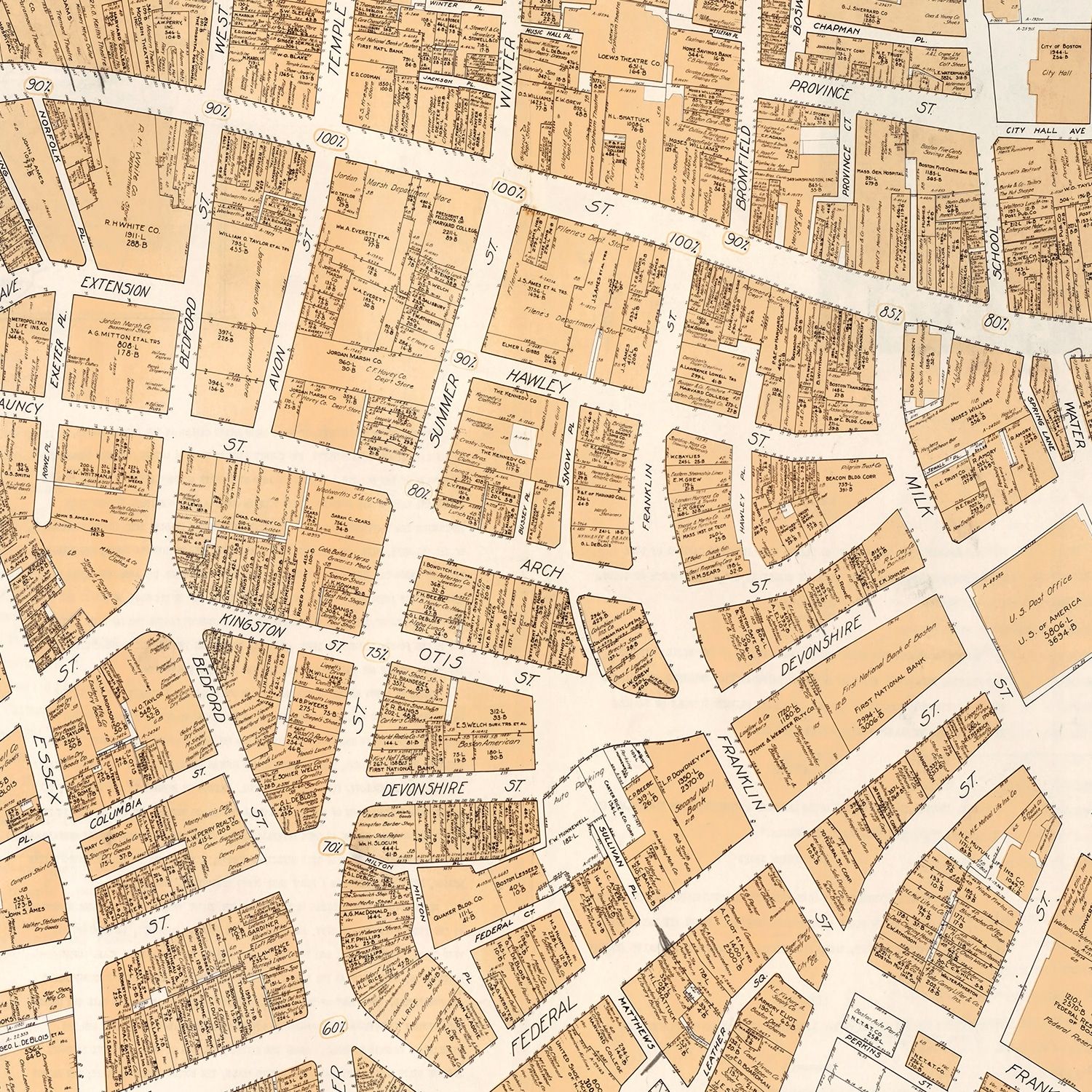 Vintage Map of Boston, MA Business Section 1946