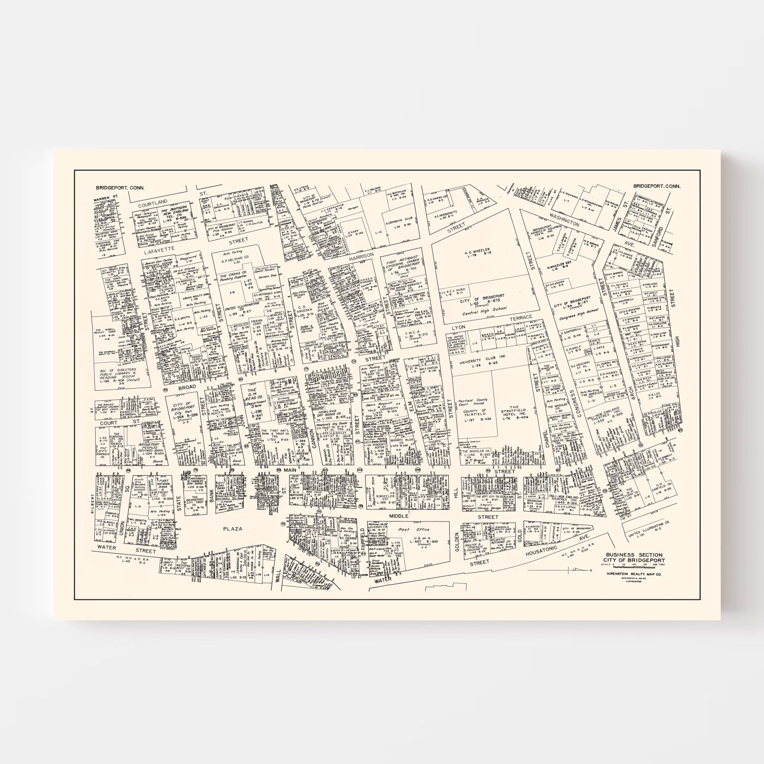 Vintage Map of Bridgeport, CT Business Section 1946