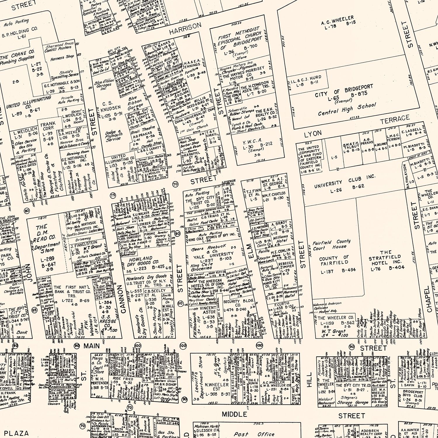 Vintage Map of Bridgeport, CT Business Section 1946