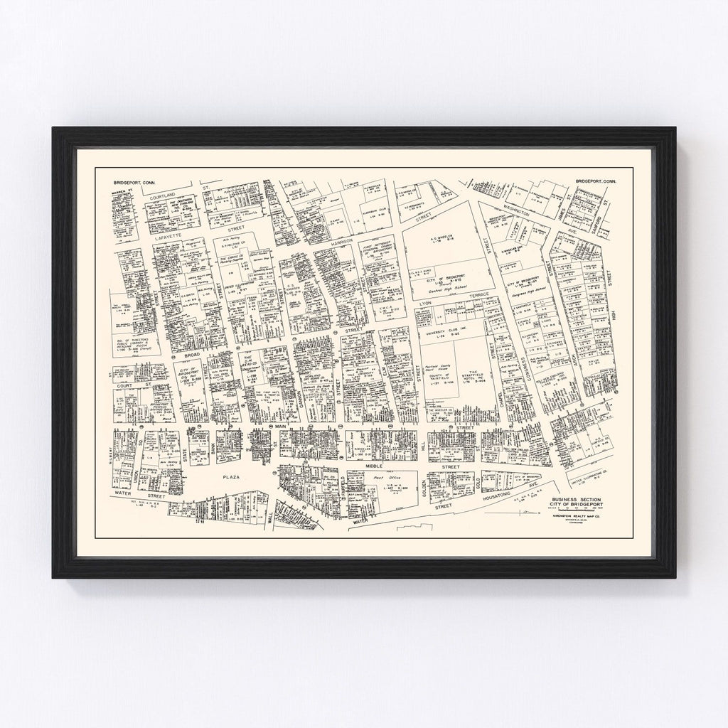 Vintage Map of Bridgeport, CT Business Section 1946