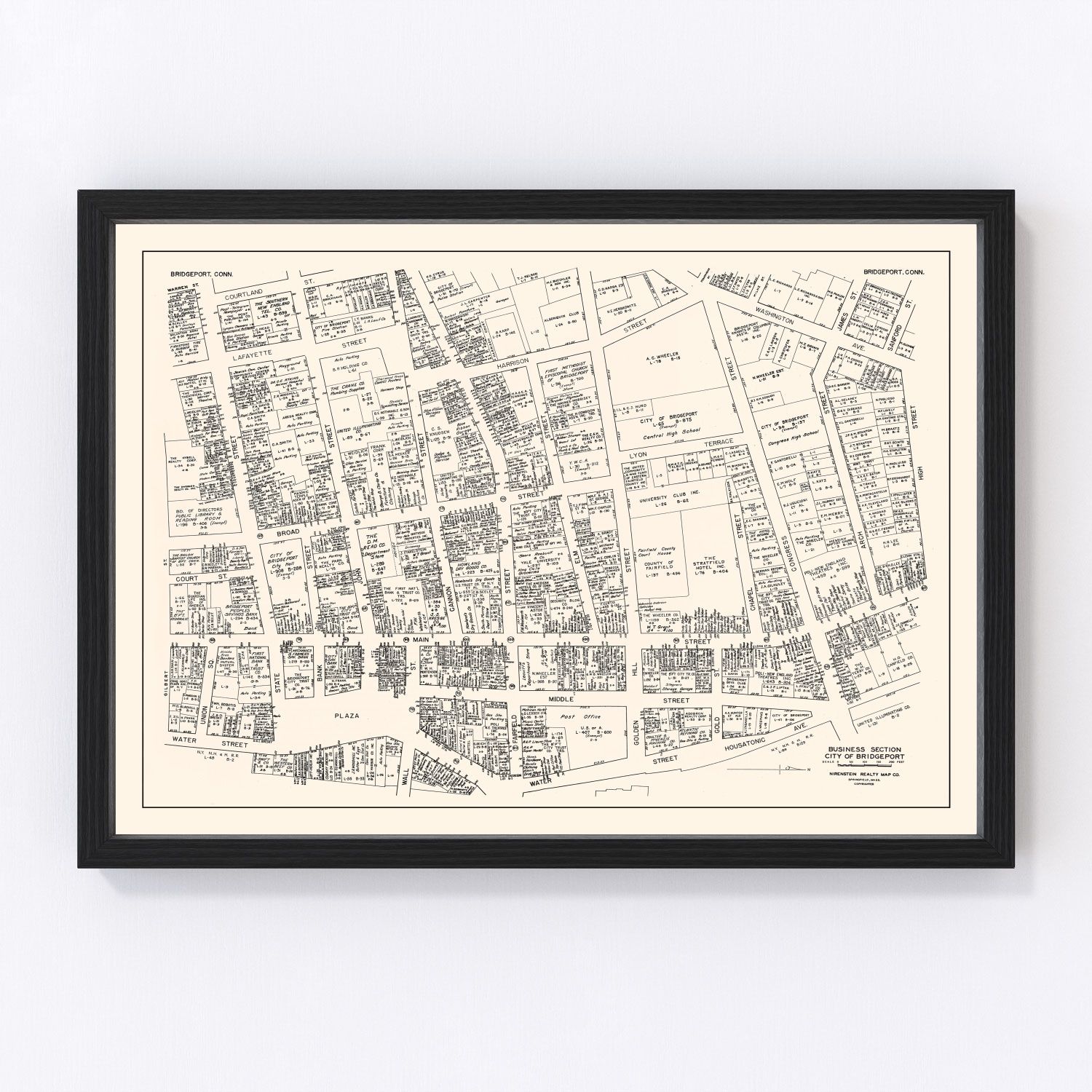 Vintage Map of Bridgeport, CT Business Section 1946
