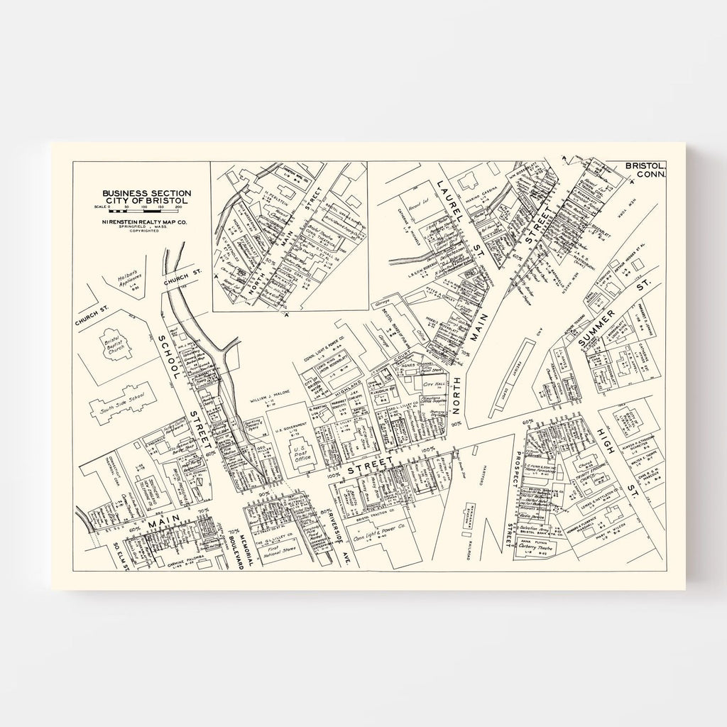 Vintage Map of Bristol, CT Business Section 1946