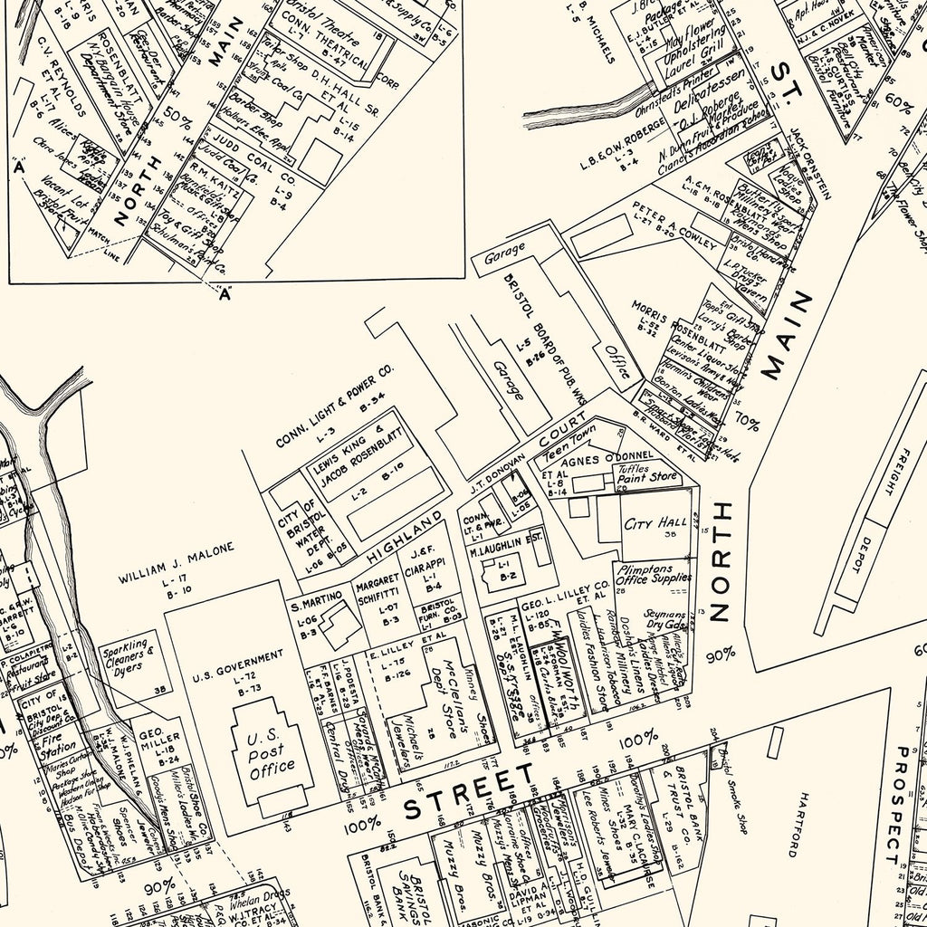 Vintage Map of Bristol, CT Business Section 1946